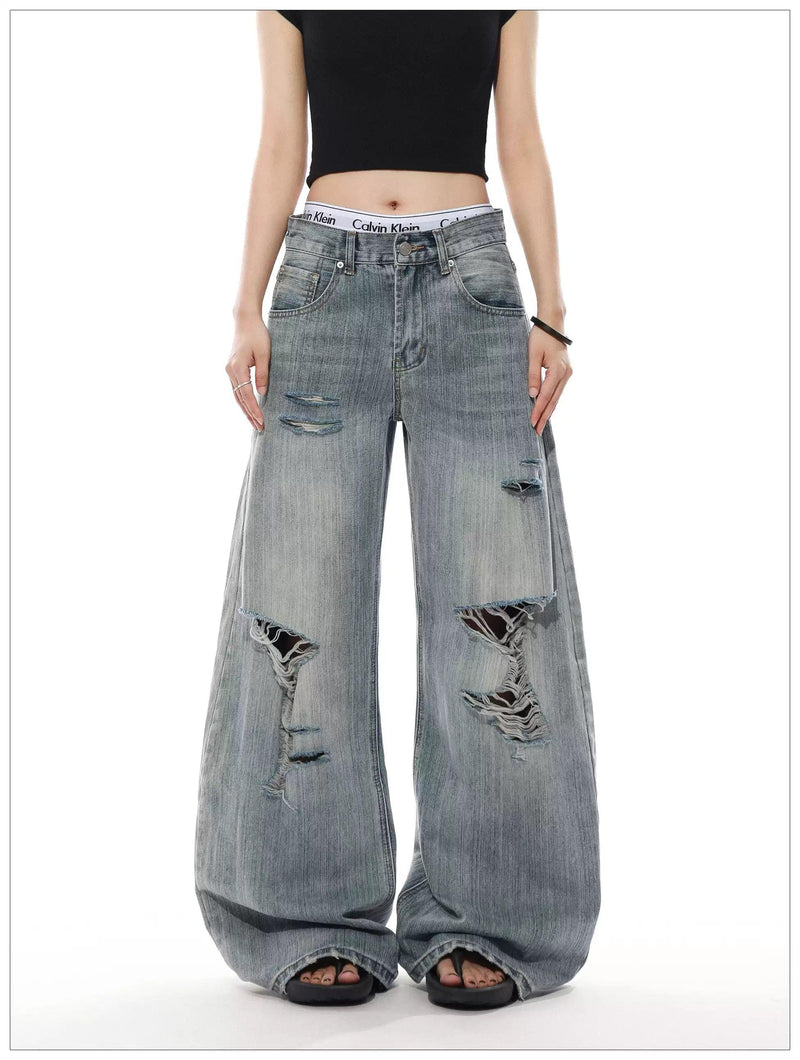 Textured Distressed Wide Jeans