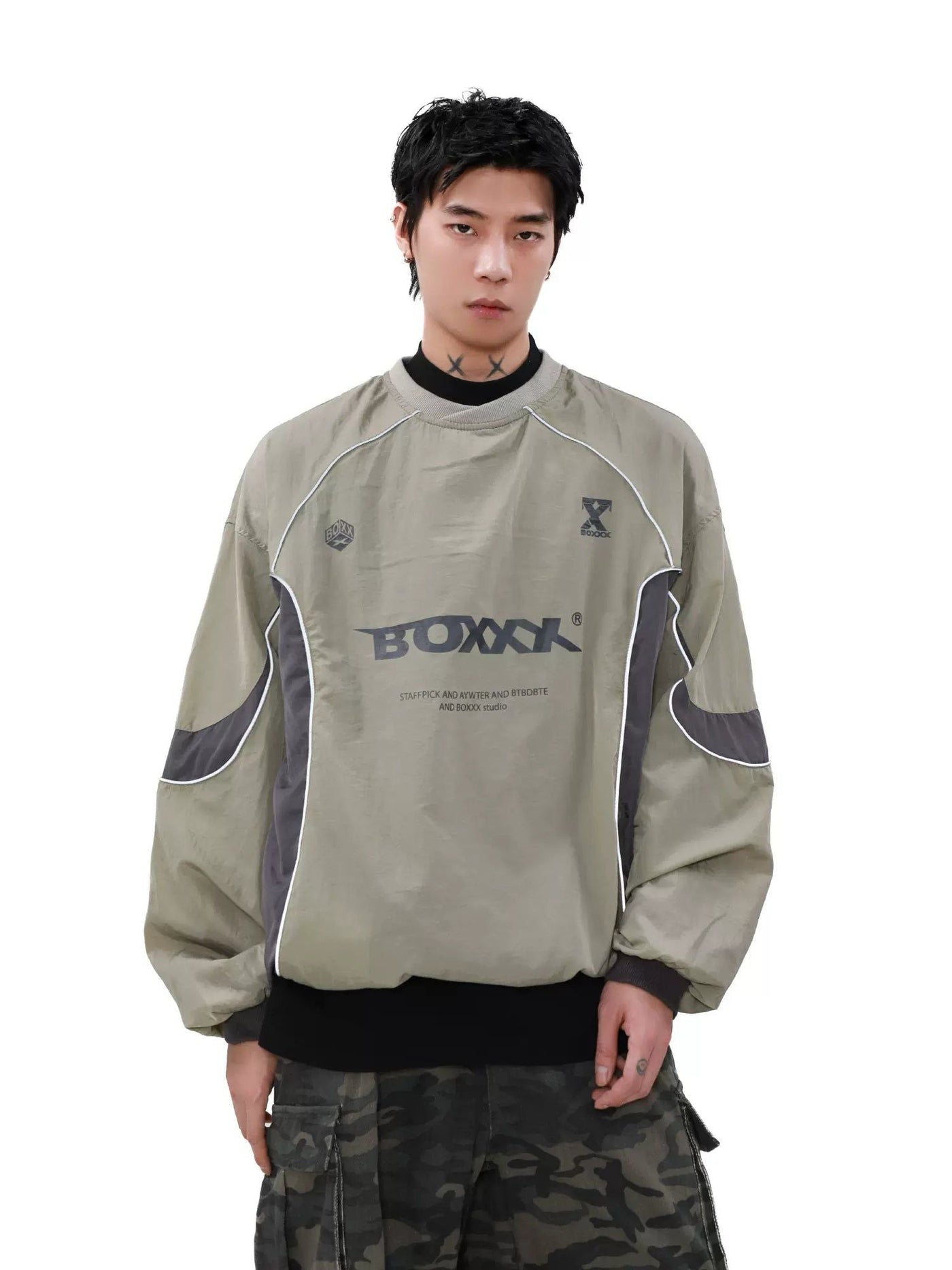 Spliced Effect Contrast Nylon Crewneck
