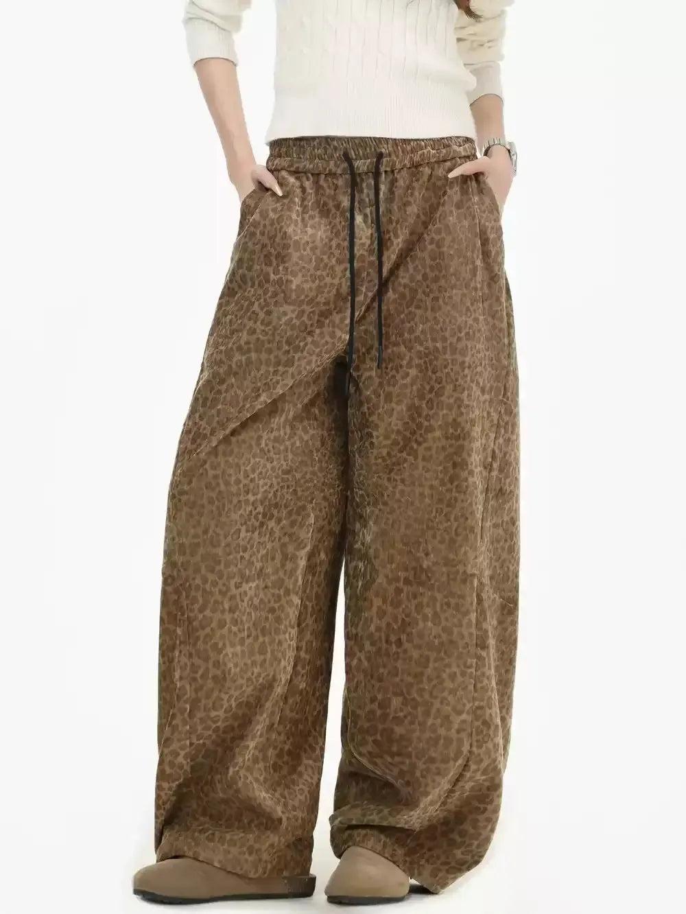 Drawstring Leopard Print Wide Pants