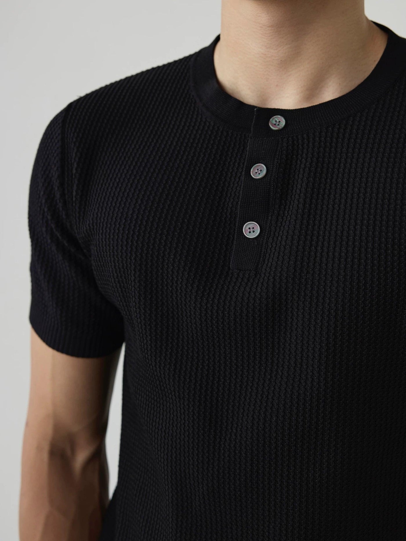 Ribbed Knit Henley T-Shirt