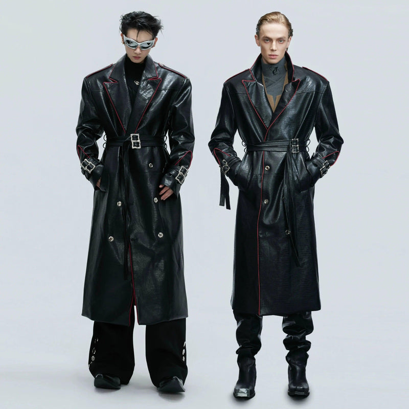 Reptile Textured Faux Leather Long Coat