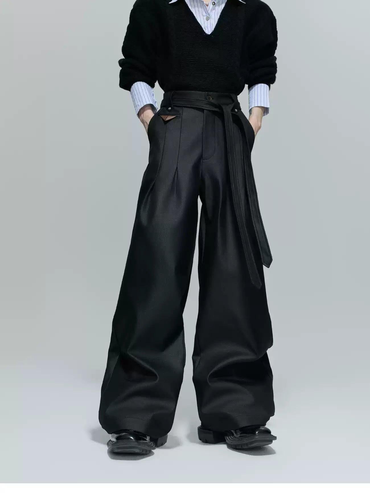 Strap Belt Wide Leg Sheer Pants