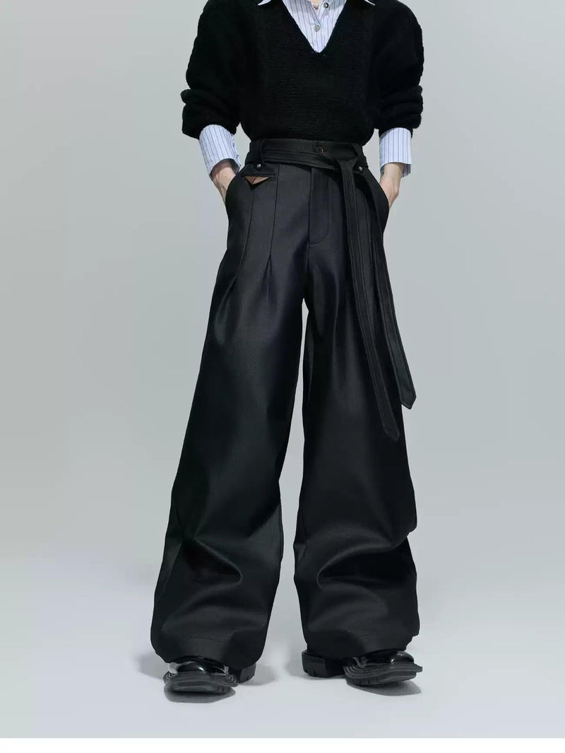 Strap Belt Wide Leg Sheer Pants