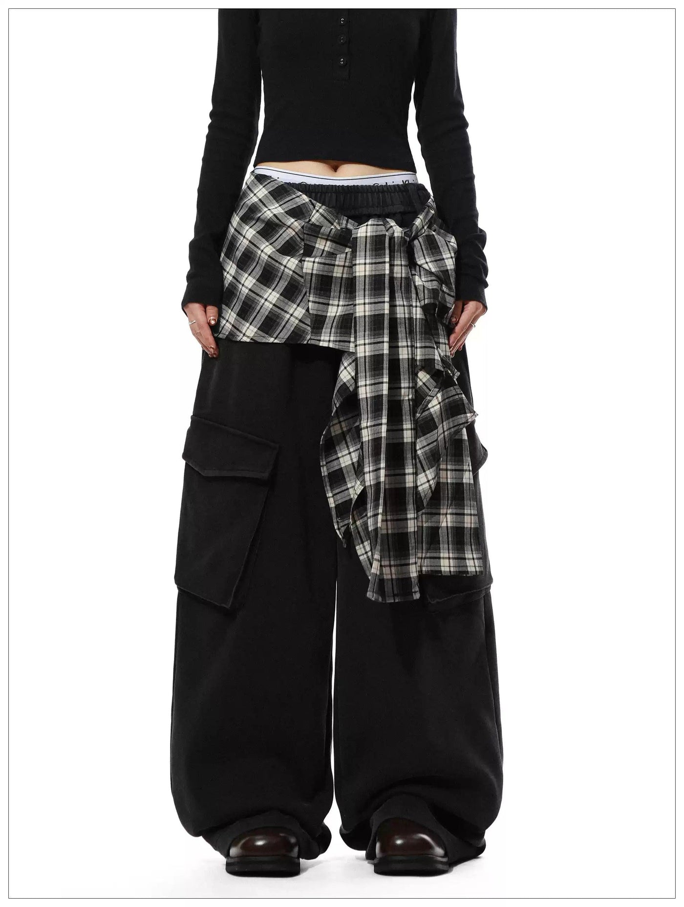 Number Printed Plaid Layered Cargo Pants
