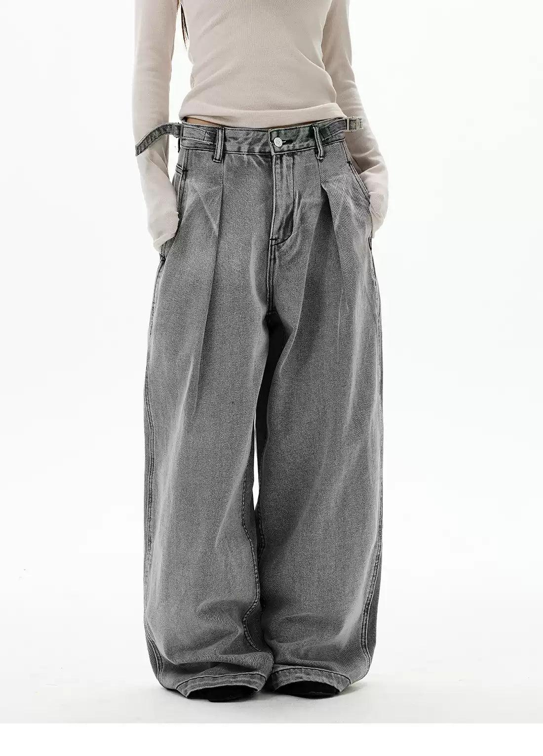Waist Strap Pleated Loose Jeans