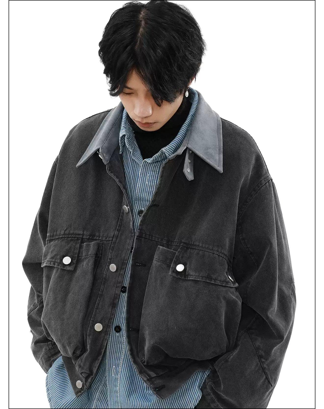 Big Pocket PU Leather Collar Jacket