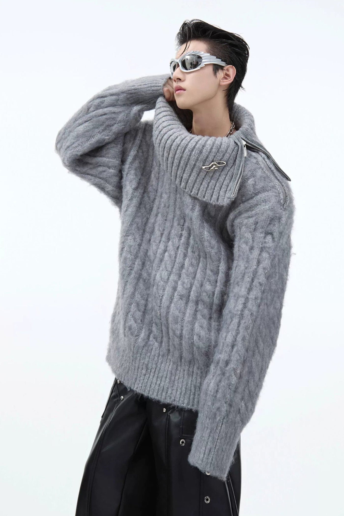 Cable Knit Side Zipper Collar Sweater