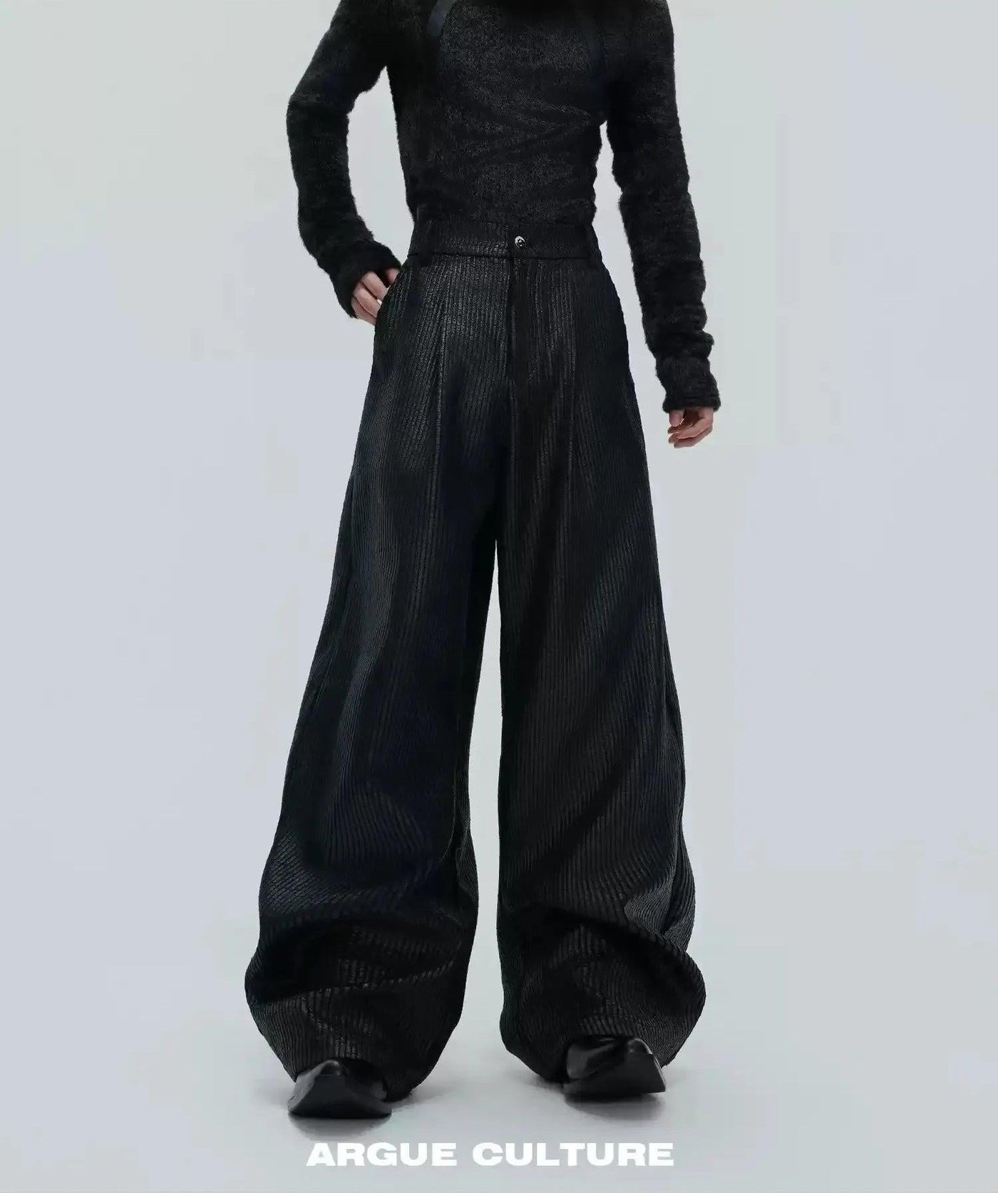 Pleated Textured Waxed PU Leather Pants