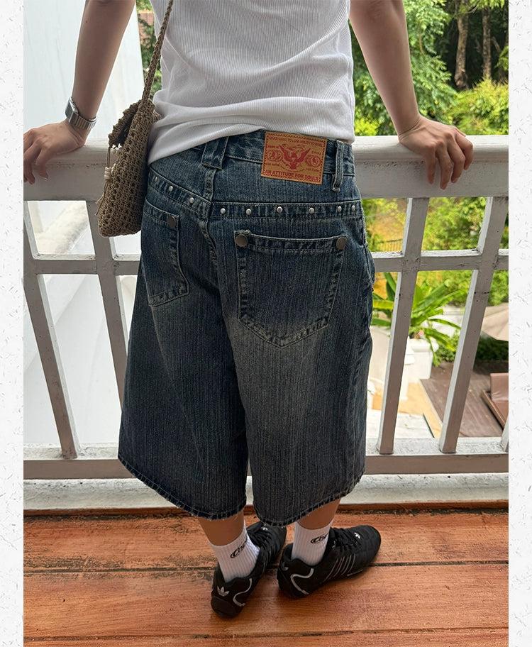 Retro Rivet Faded Denim Shorts