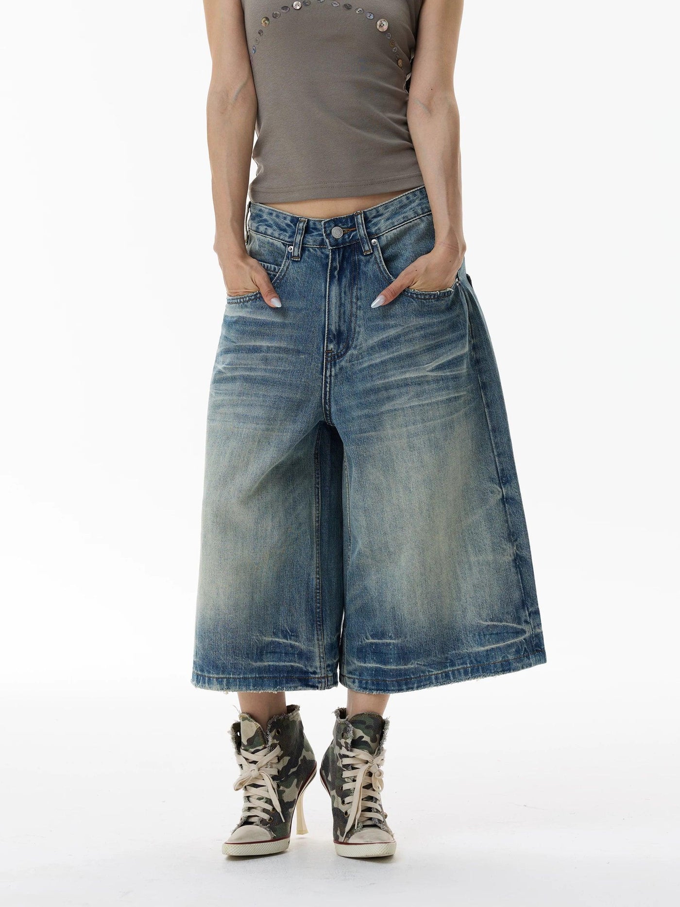 Distressed Wide Leg Denim Shorts