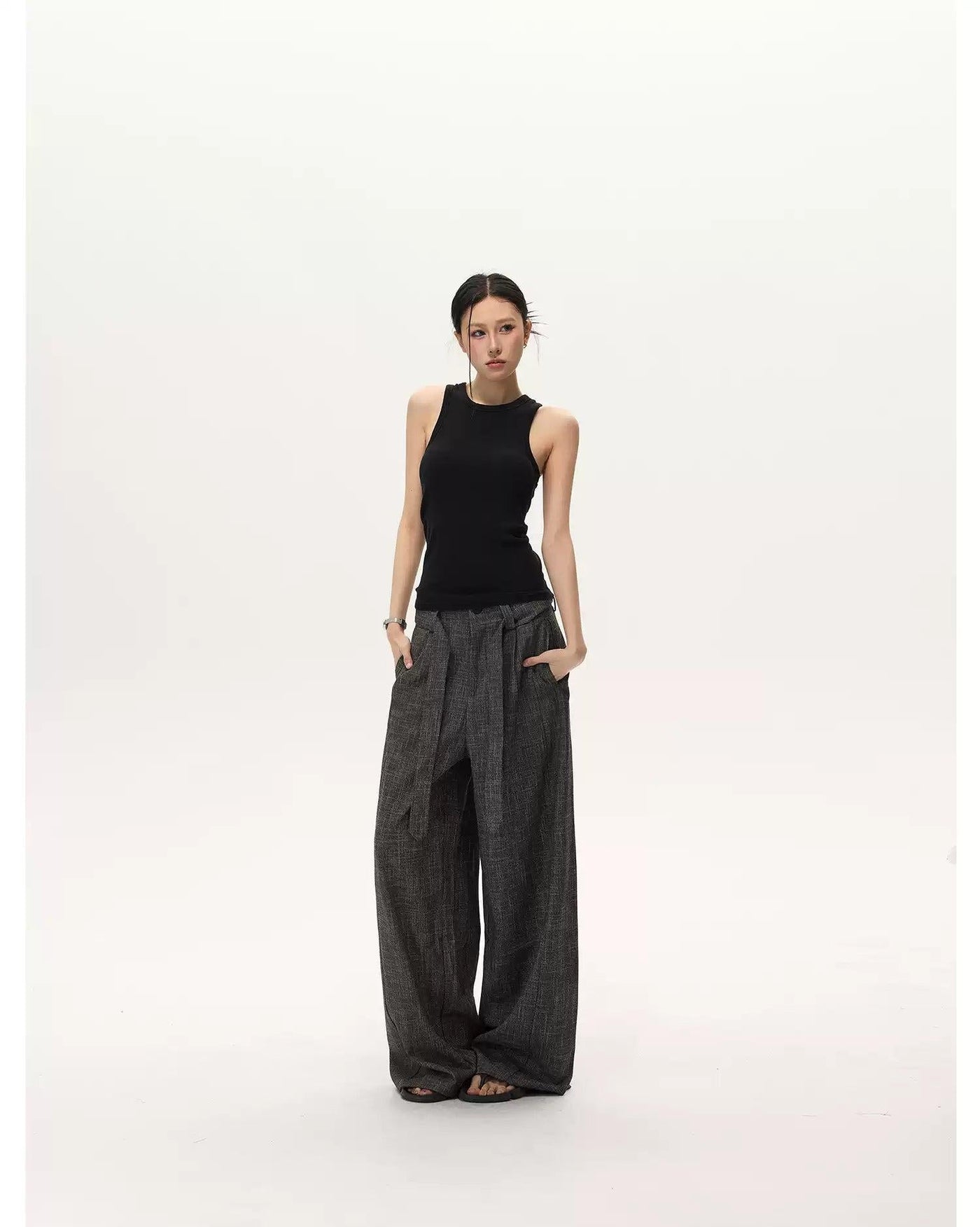 Cloth Belt Textured Loose Fit Pants