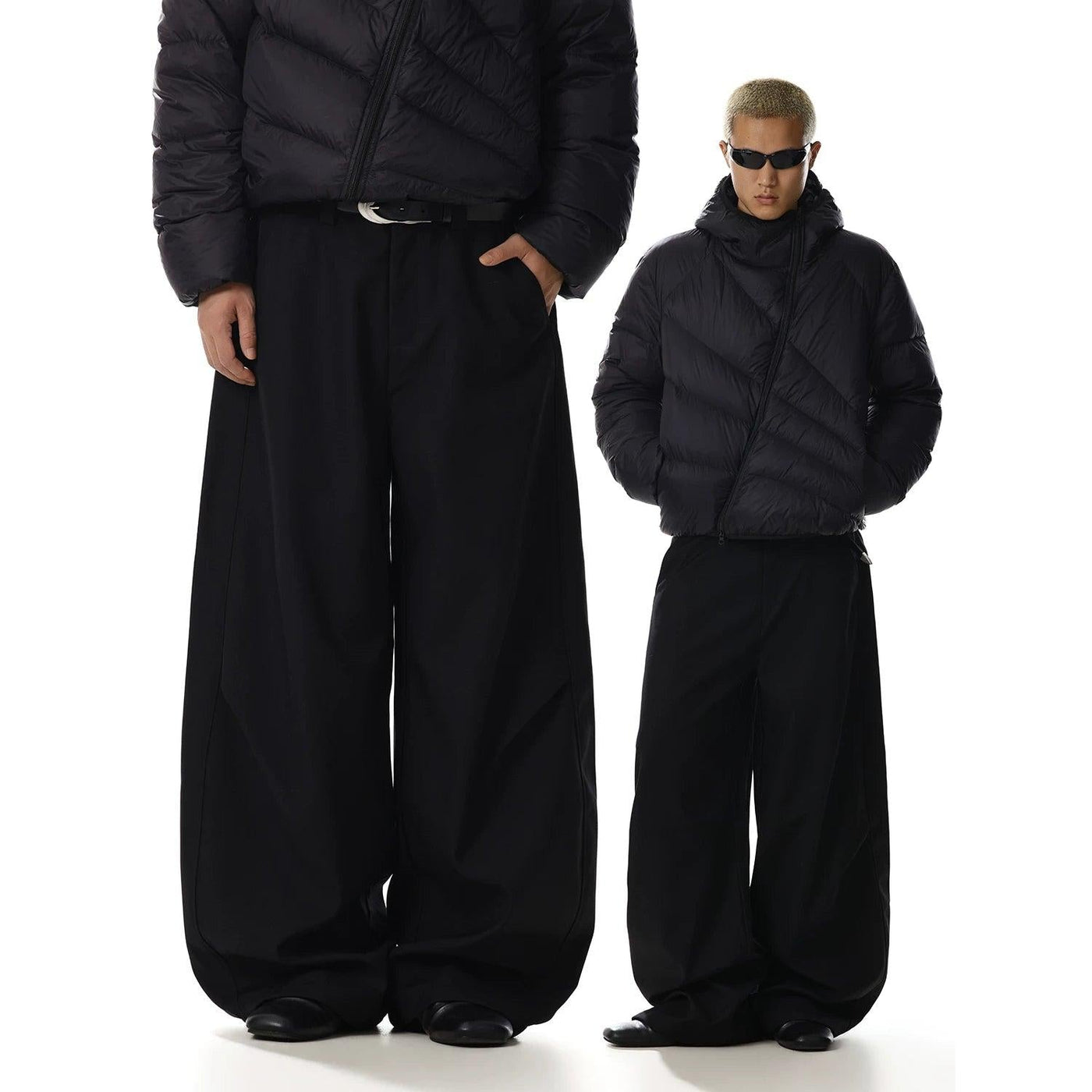 Curved Cut Wide Leg Trousers