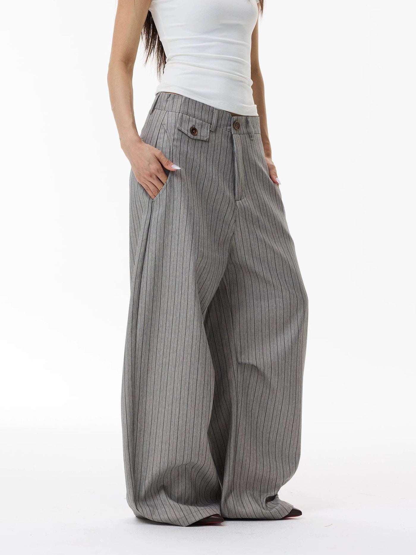 Striped Curved Wide Leg Trousers