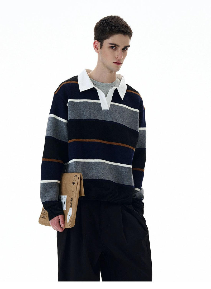 Striped Wide Bars V-Neck Polo