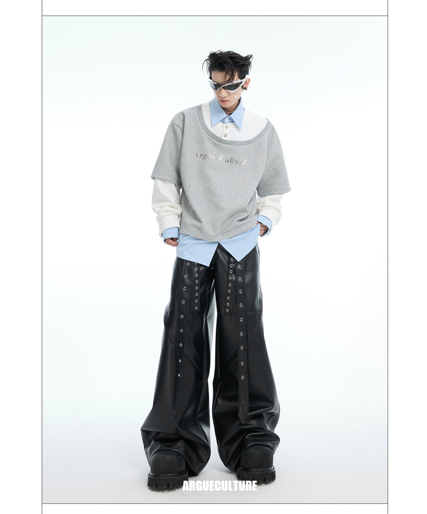 Three-Piece Contrast Collared Long Sleeve T-Shirt