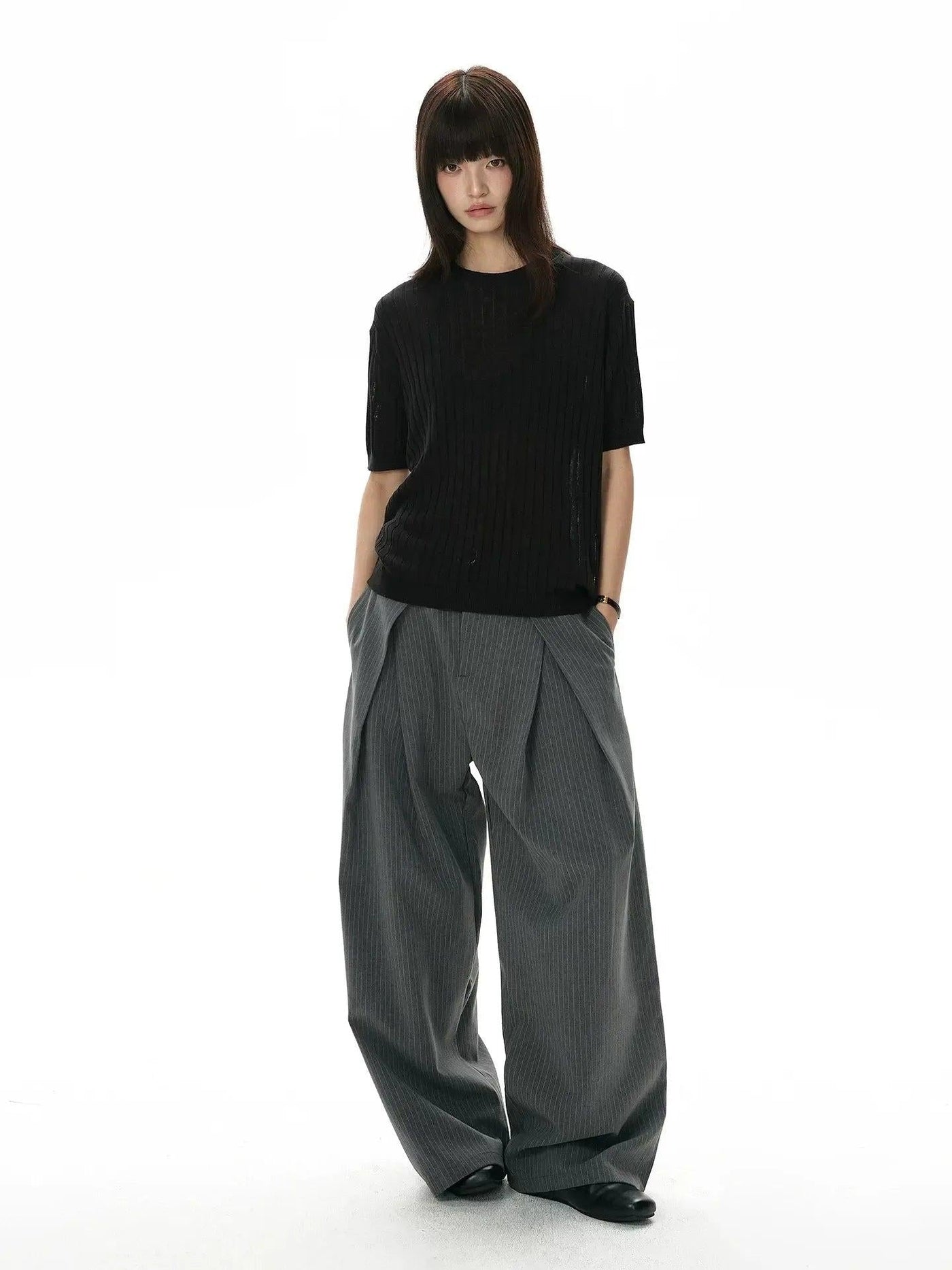 Drapey Vertical Striped Wide Trousers