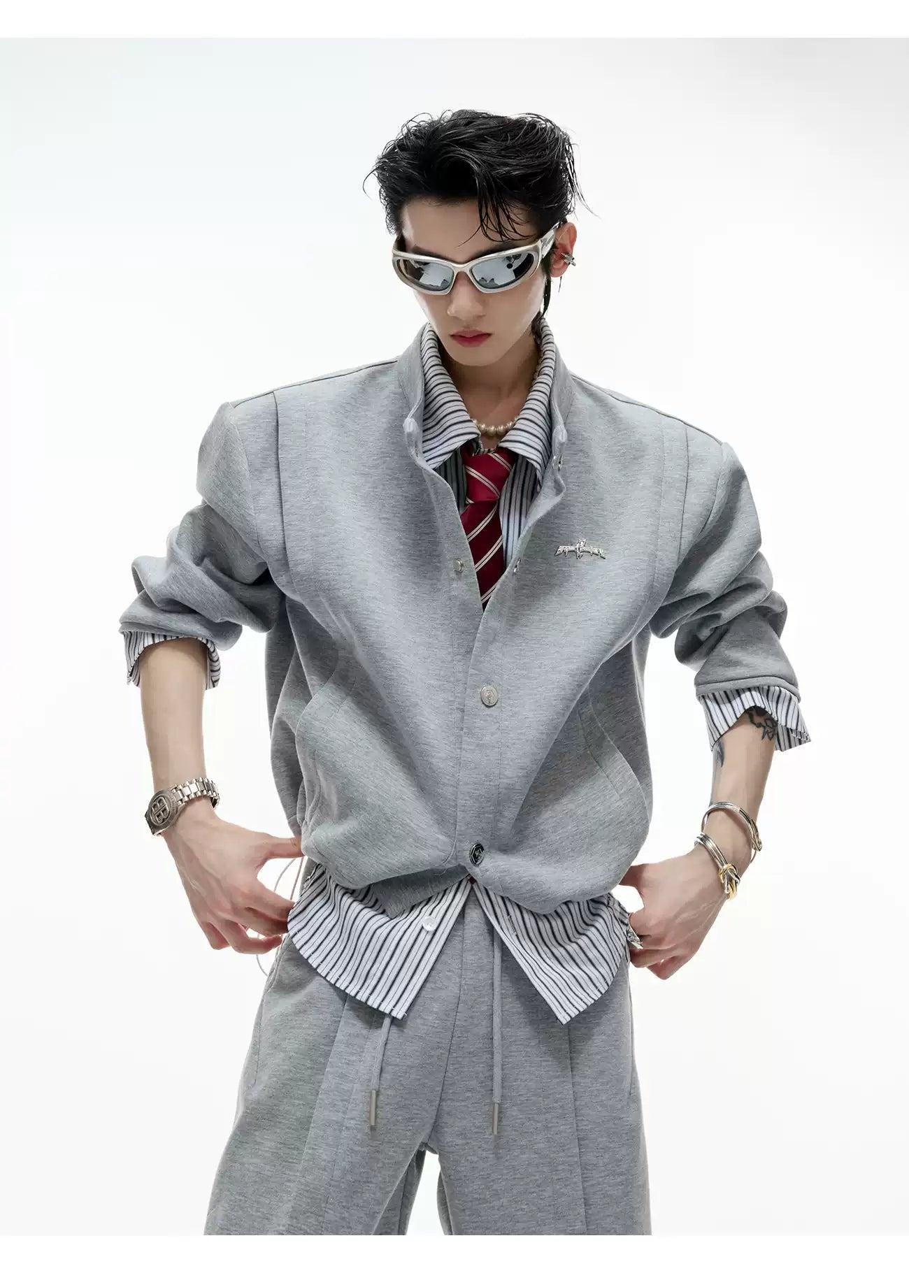 Layered Stripe Buttoned Jacket & Drawstring Sweatpants Set
