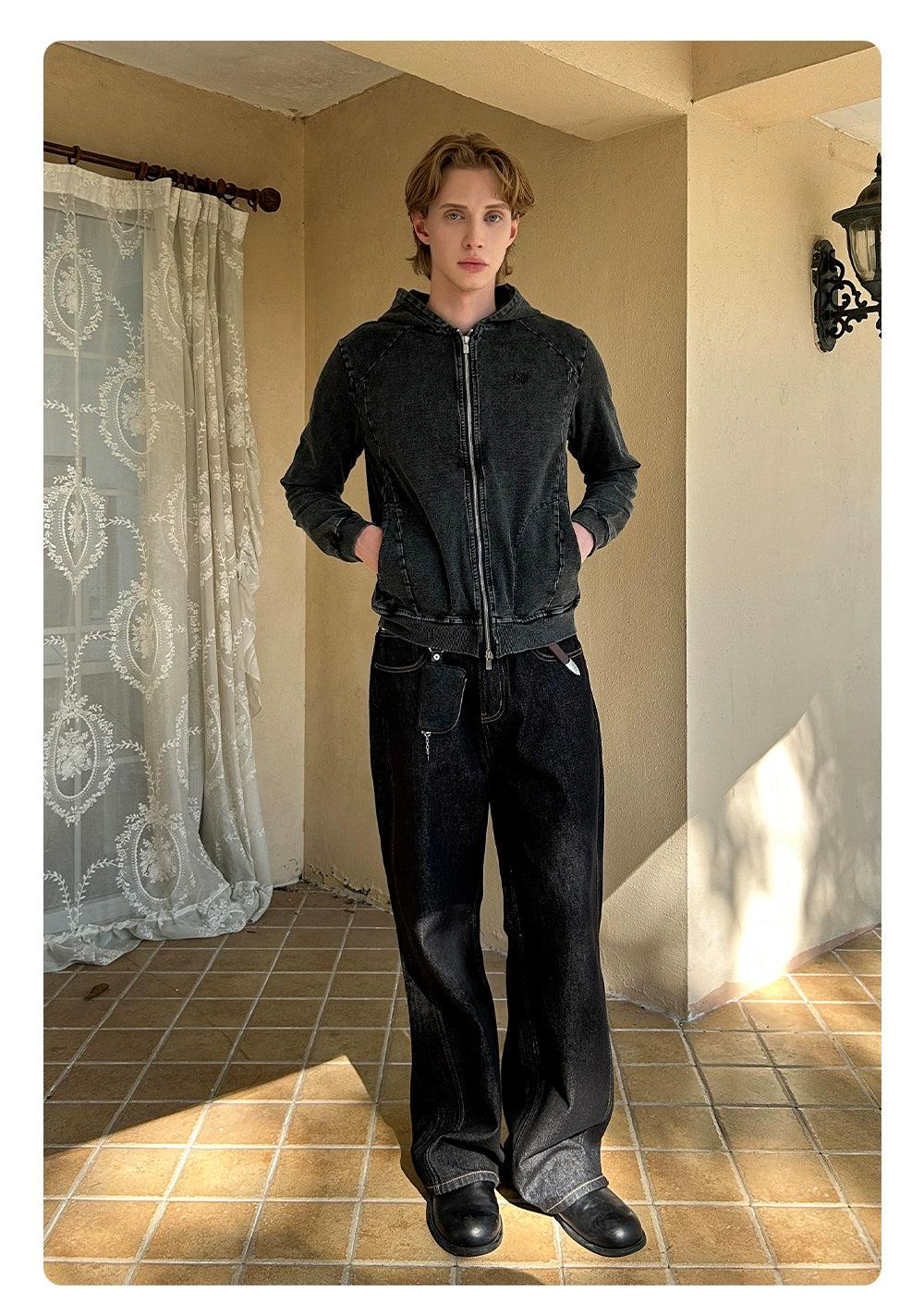 Grunged and Washed Hooded Denim Jacket