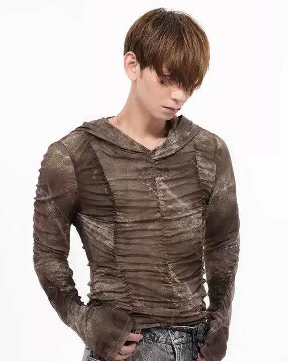 Structured Sheer Print Hooded Shirt