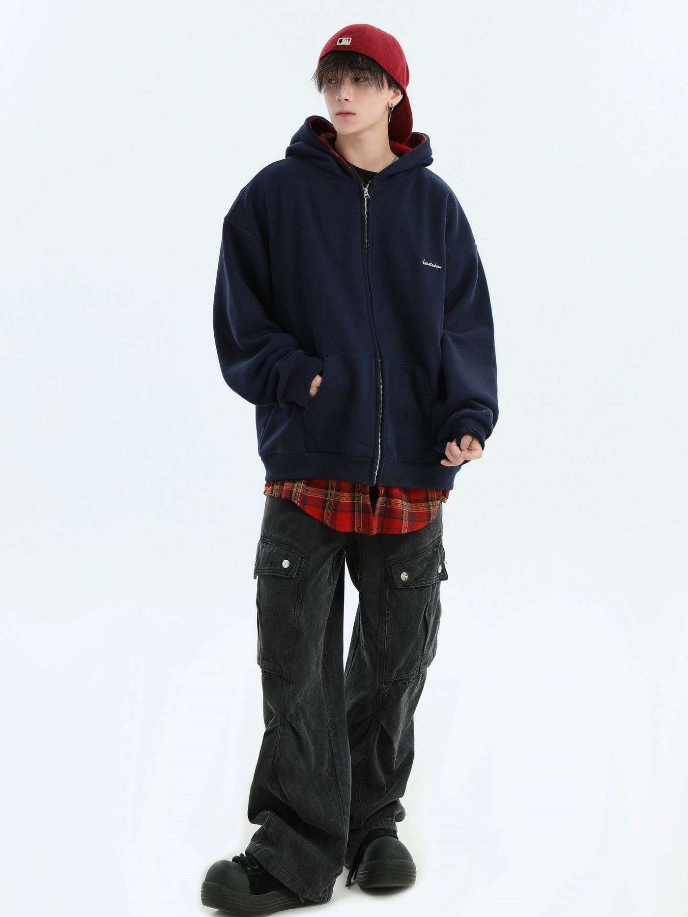 Plaid Layer Zipped Hoodie