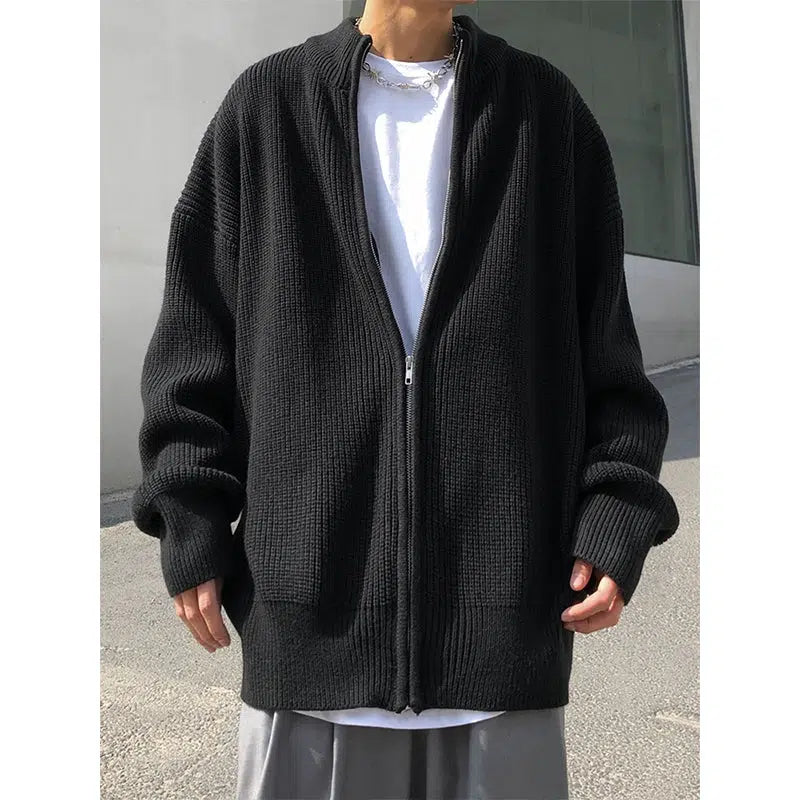 Stand Collar Loose Knitted Zip-Up Jacket