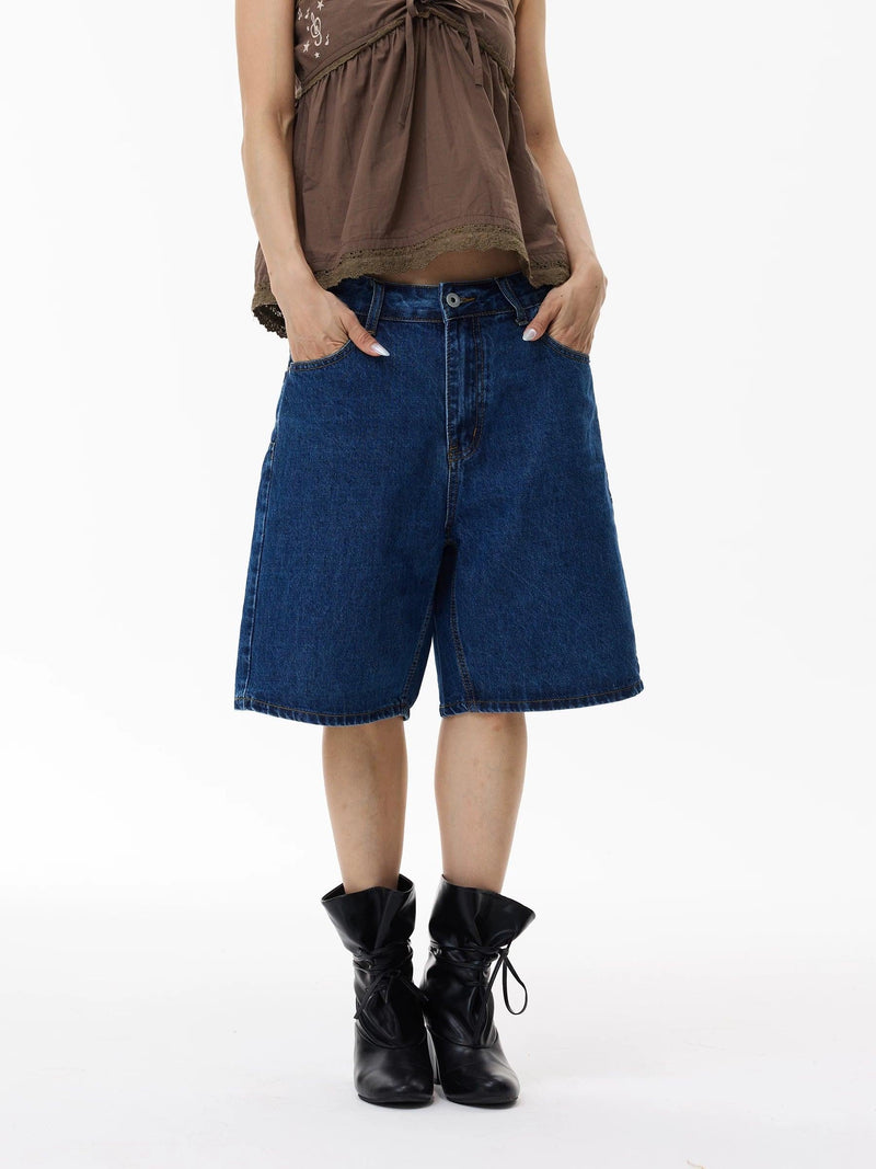 Retro Blue Straight Denim Shorts