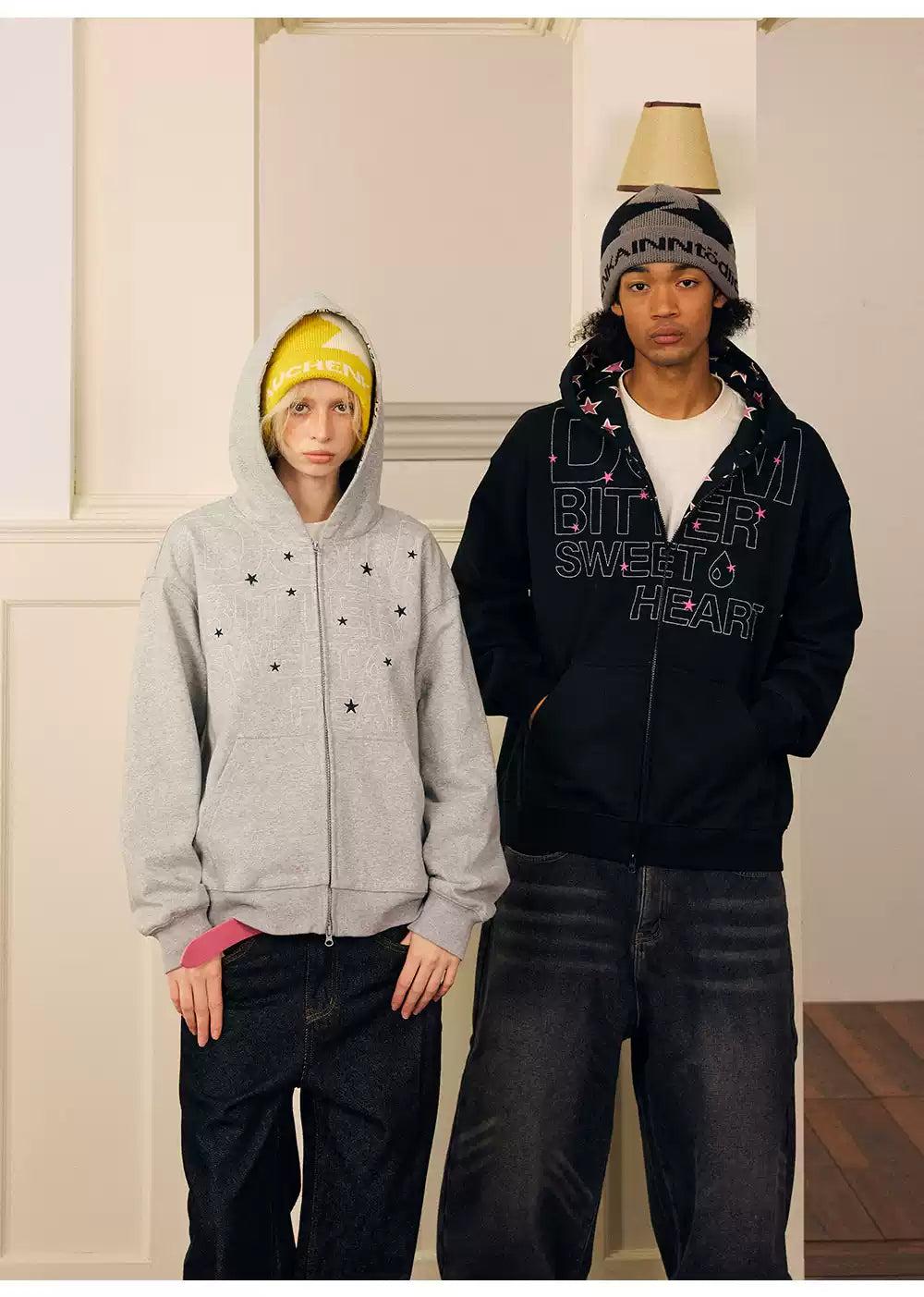 Outlined Logo and Star Print Zipped Hoodie