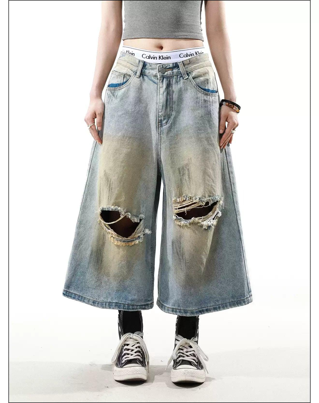 Stone Washed Ripped Denim Shorts