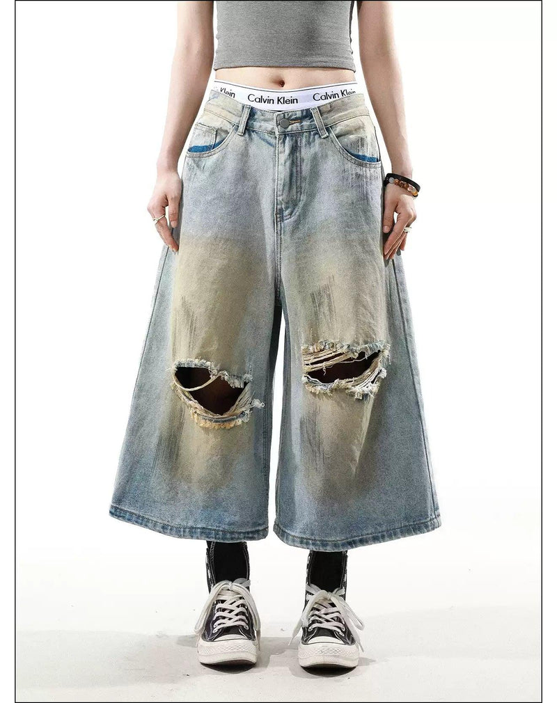 Stone Washed Ripped Denim Shorts