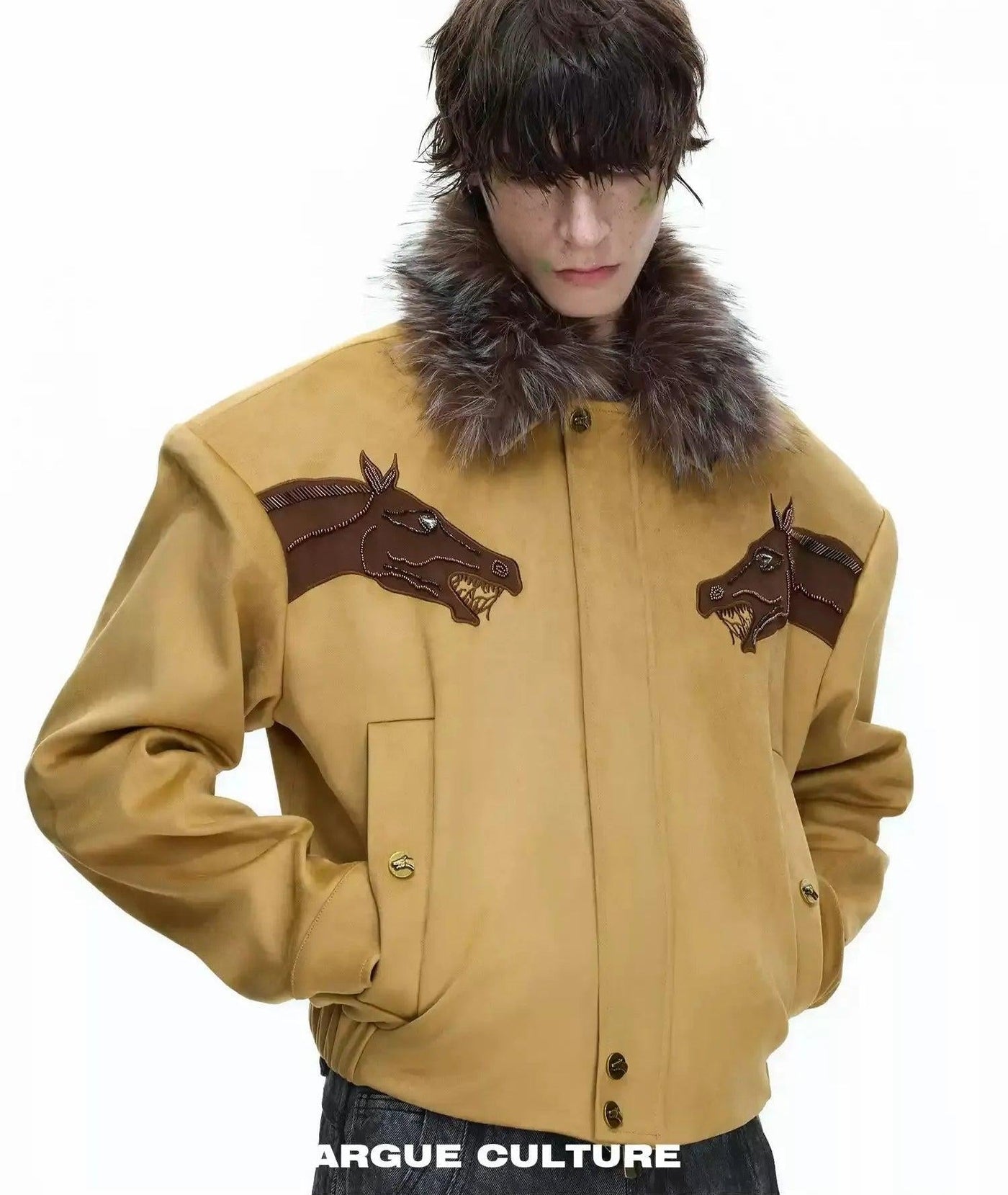 Faux Fur Collar Horse Graphic Jacket