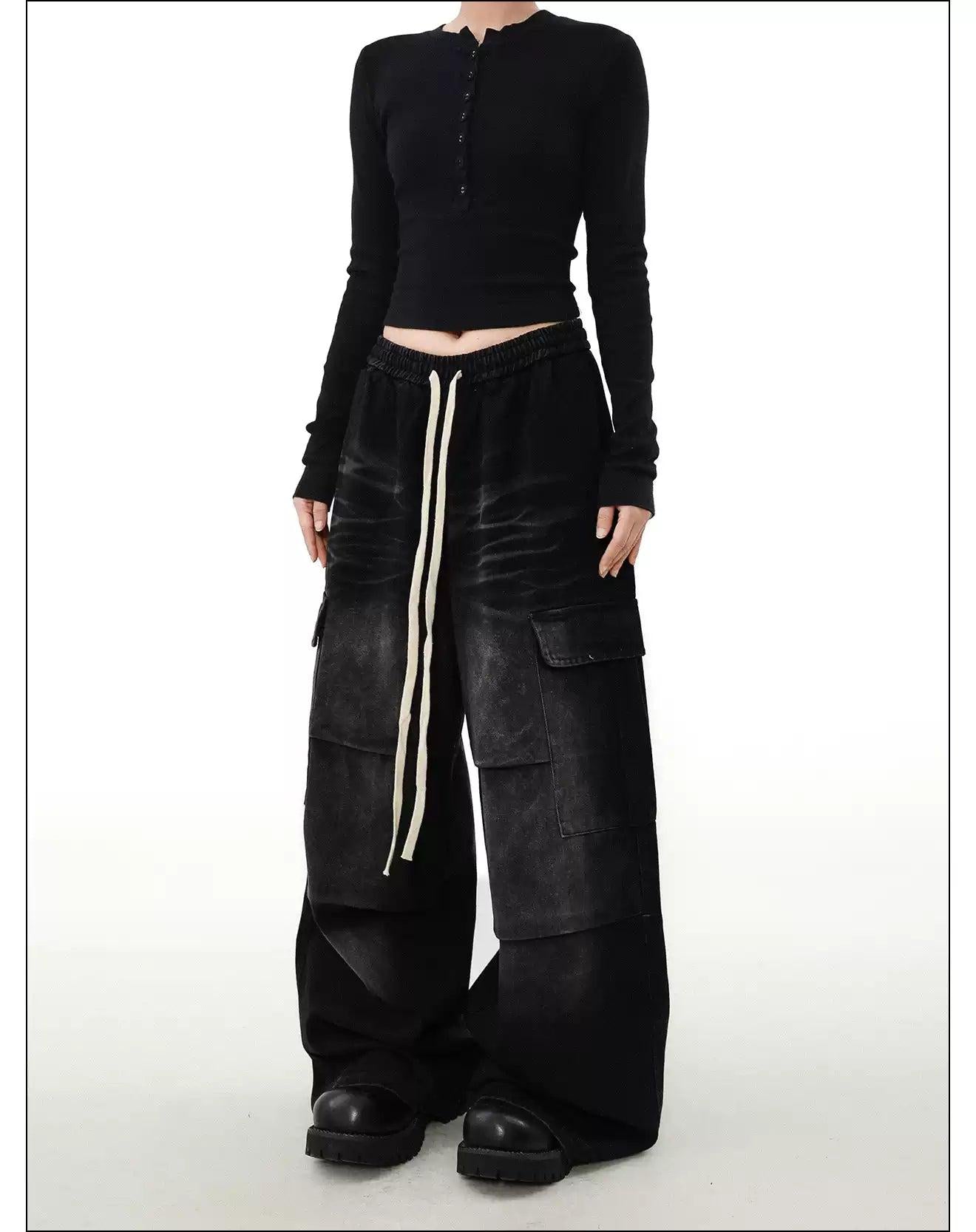 Faded Drawstring Pleated Cargo Jeans