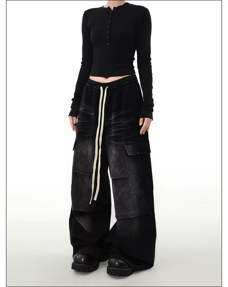 Faded Drawstring Pleated Cargo Jeans