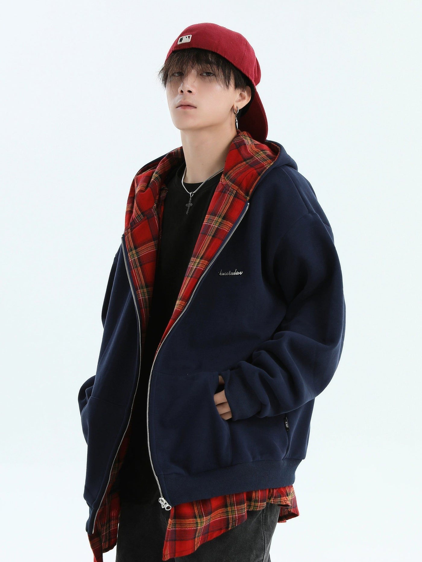 Plaid Layer Zipped Hoodie