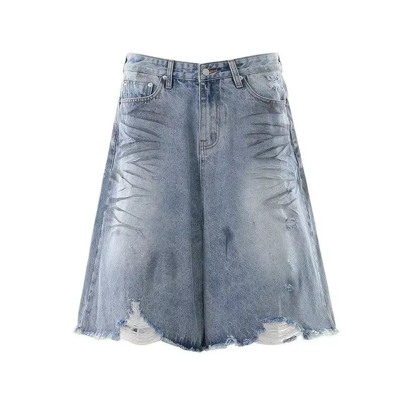 Washed Distressed Raw Hem Denim Shorts