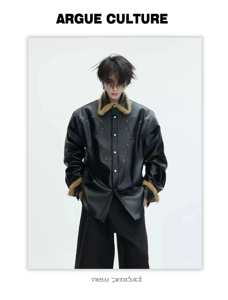 Faux Fur Collar Line PU Leather Shirt