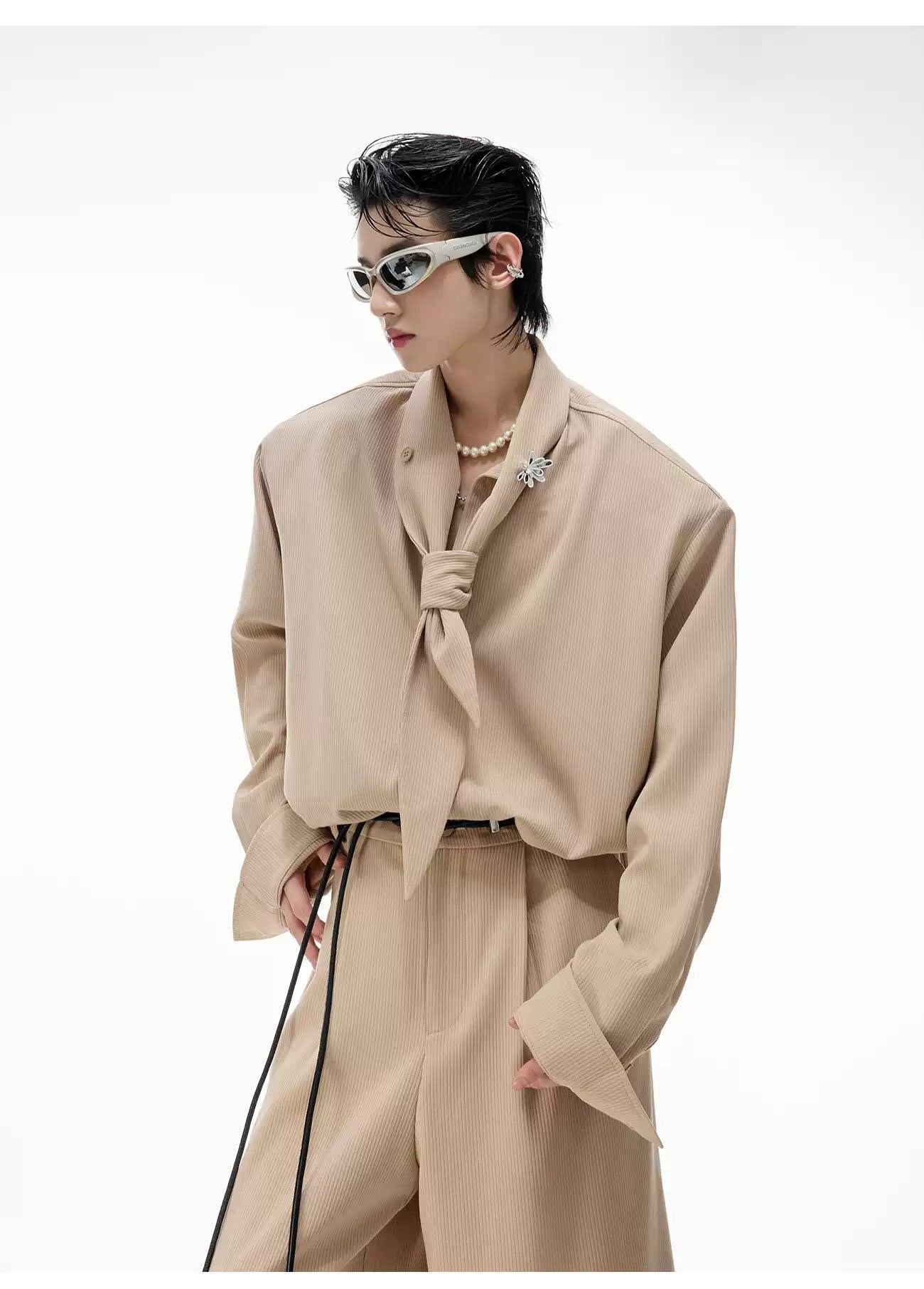 Textured Scarf Detail Shirt & Wide Pants Set
