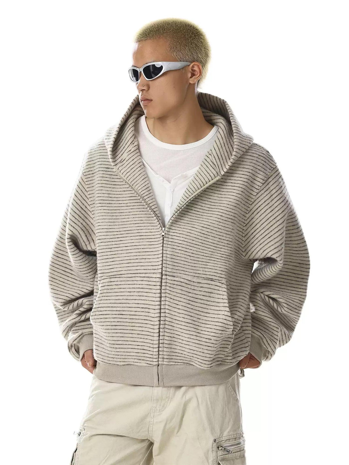 Striped Boxy Fit Zip-Up Hoodie
