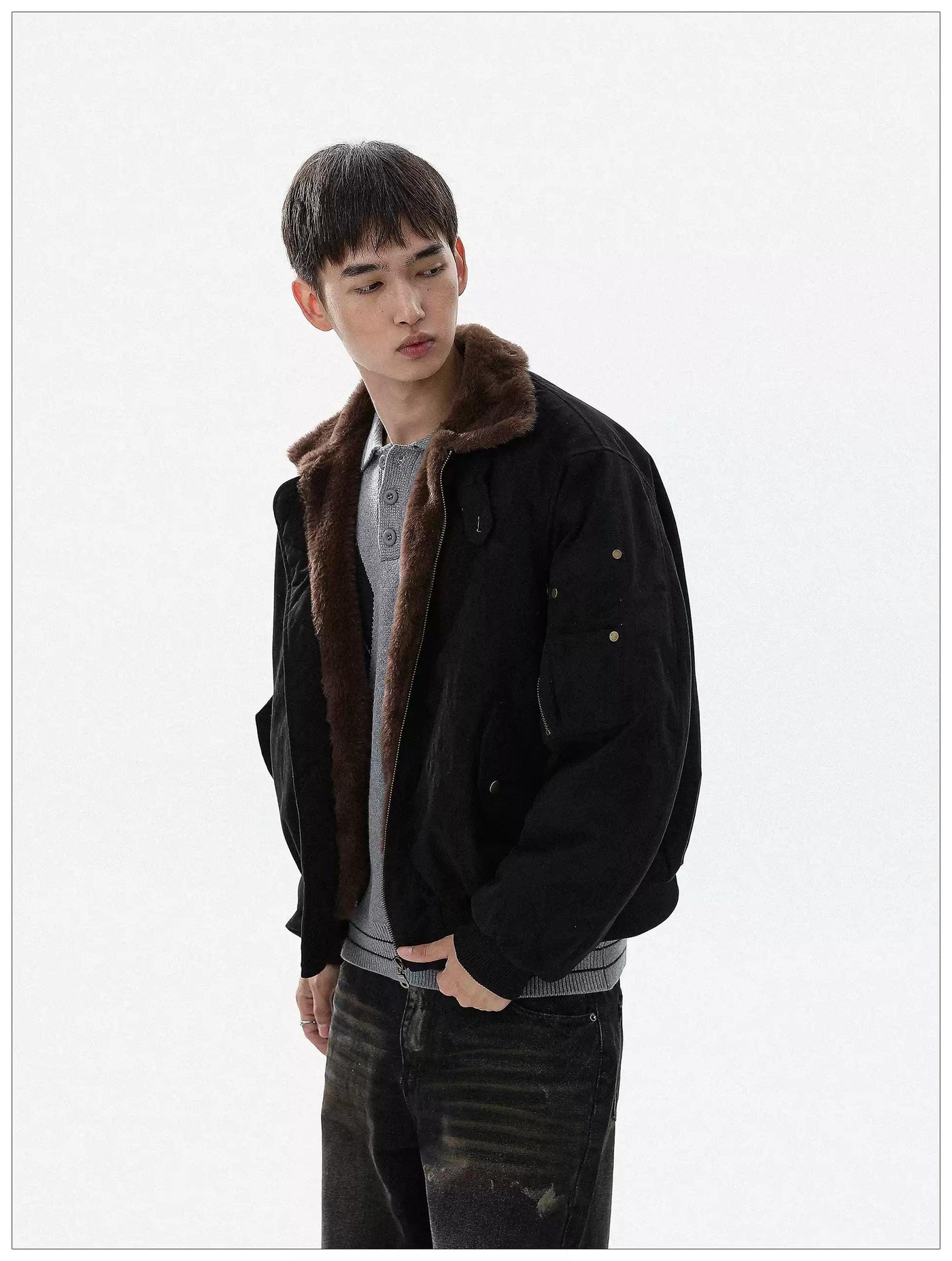 Fur-Trimmed Ribbed Hem Bomber Jacket