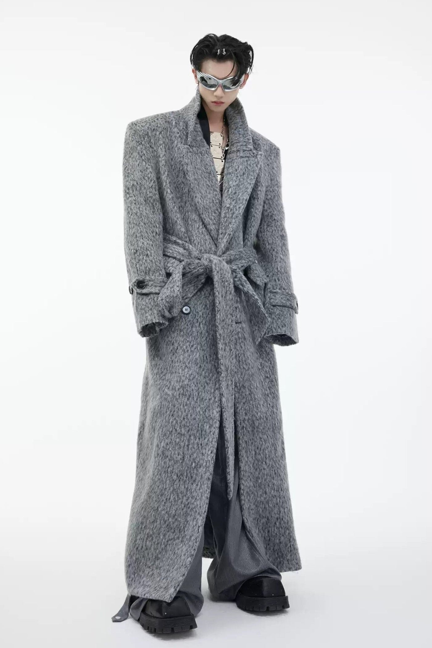 Wide Shoulder Belted Long Coat