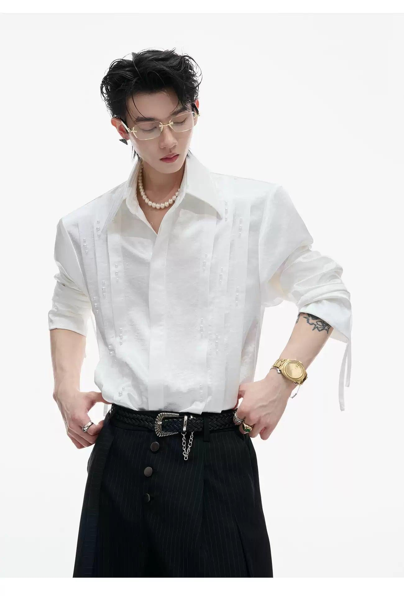 Pearl Details Pleated Sheer Shirt