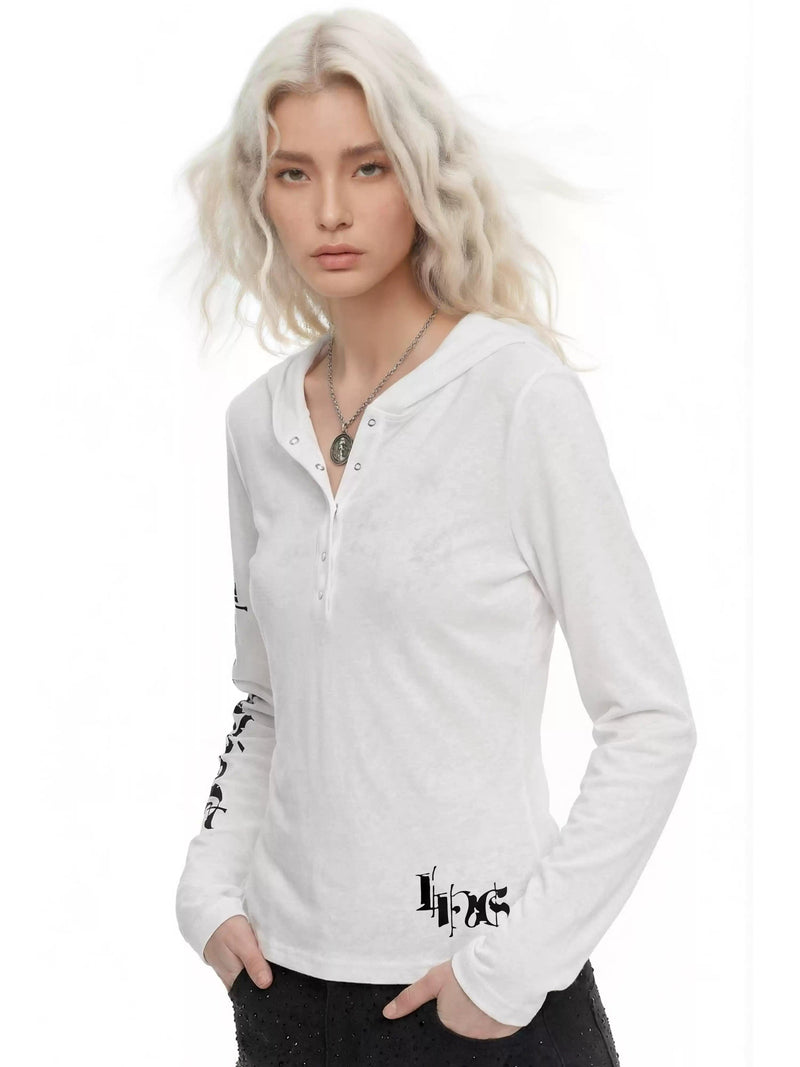 Graphic Print Slim Fit Half-Buttoned Hoodie
