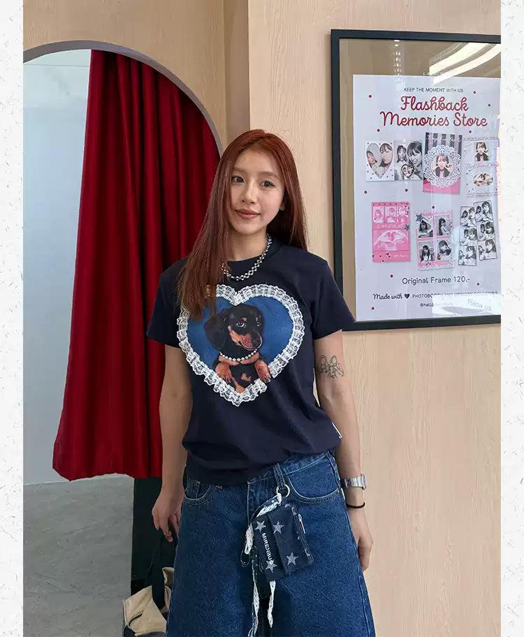 Laced Heart Dog Graphic Print T-Shirt