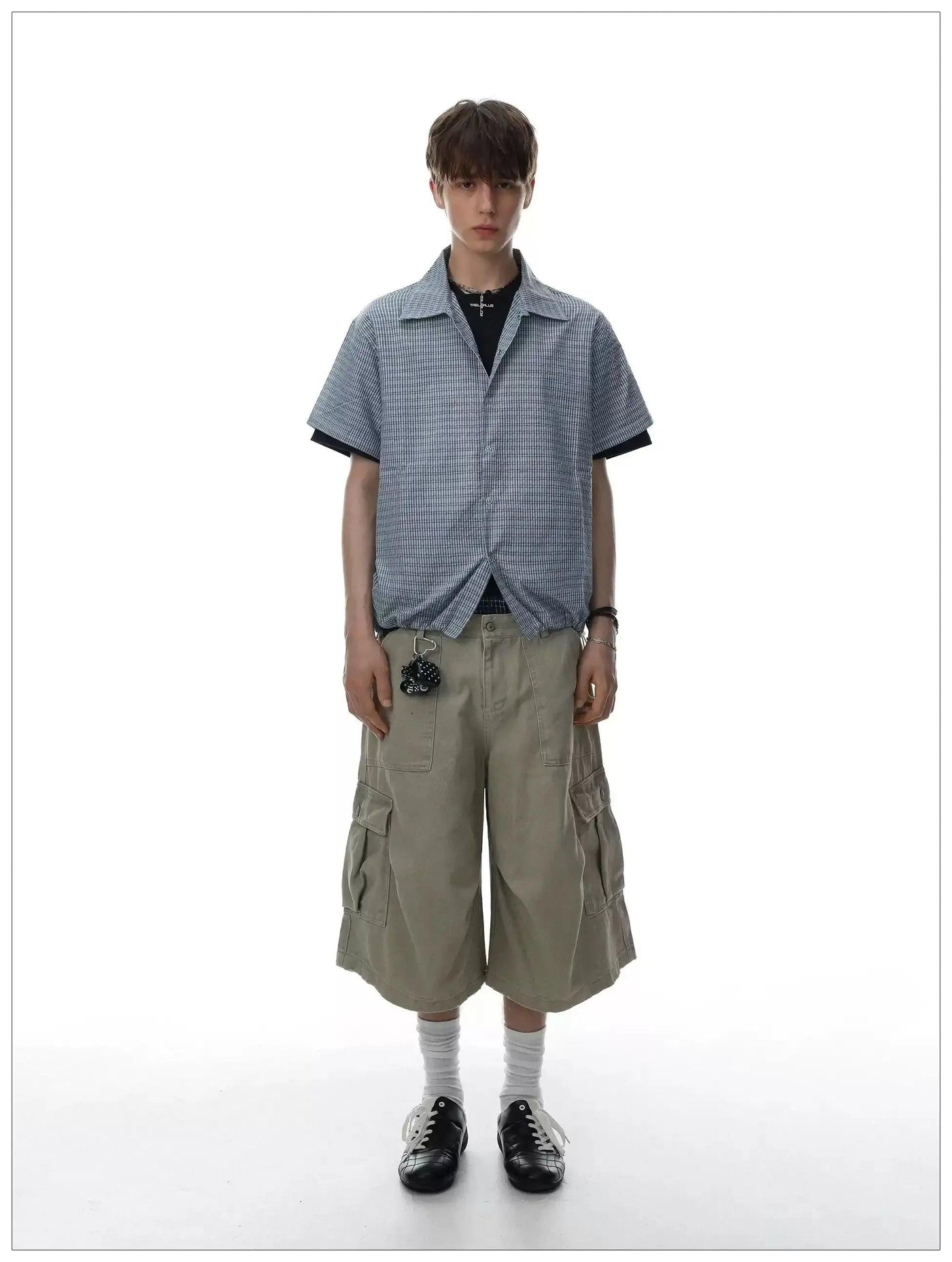 Drawstring Boxy Fit Plaid Shirt