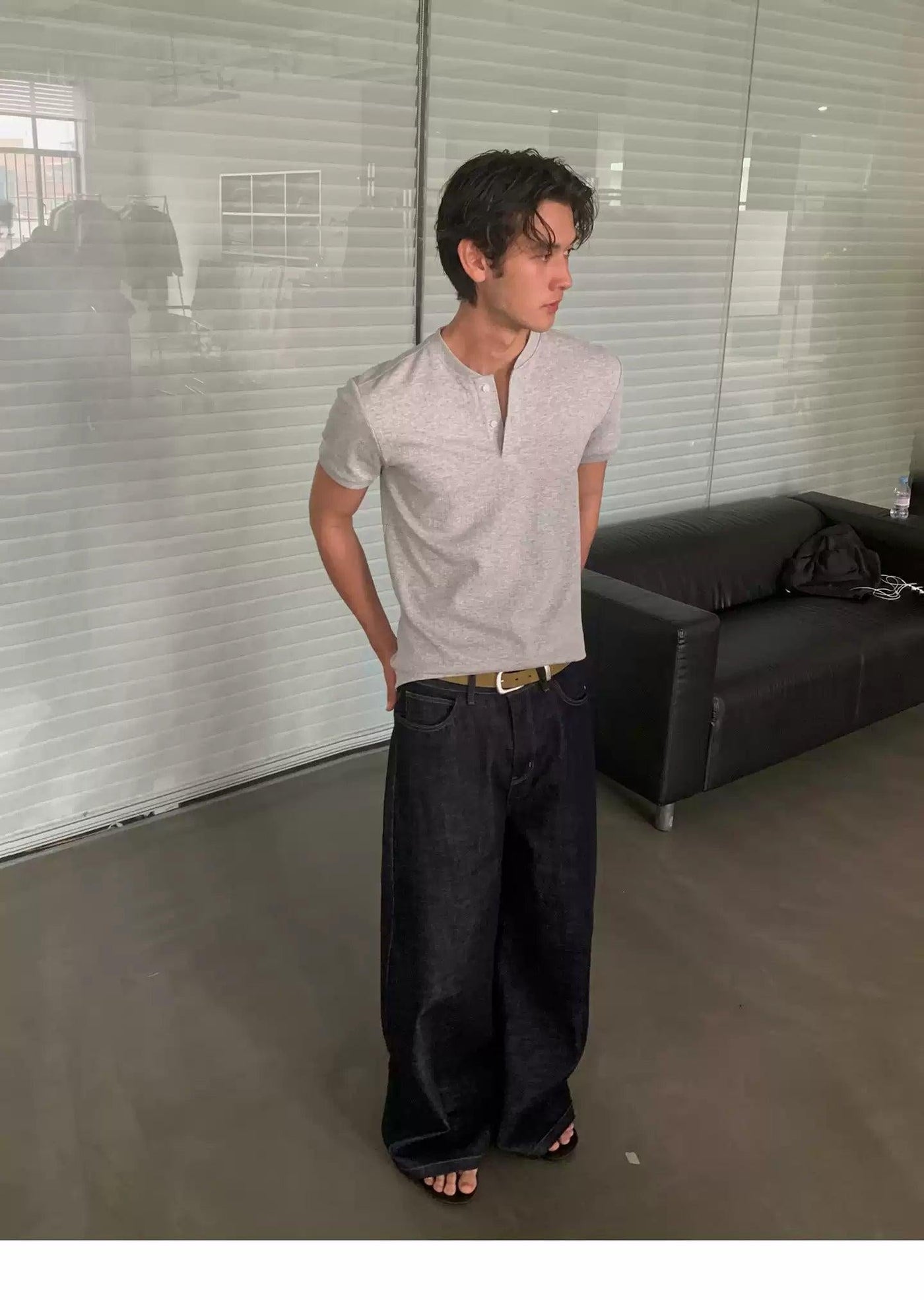 Textured Henley Collar T-Shirt
