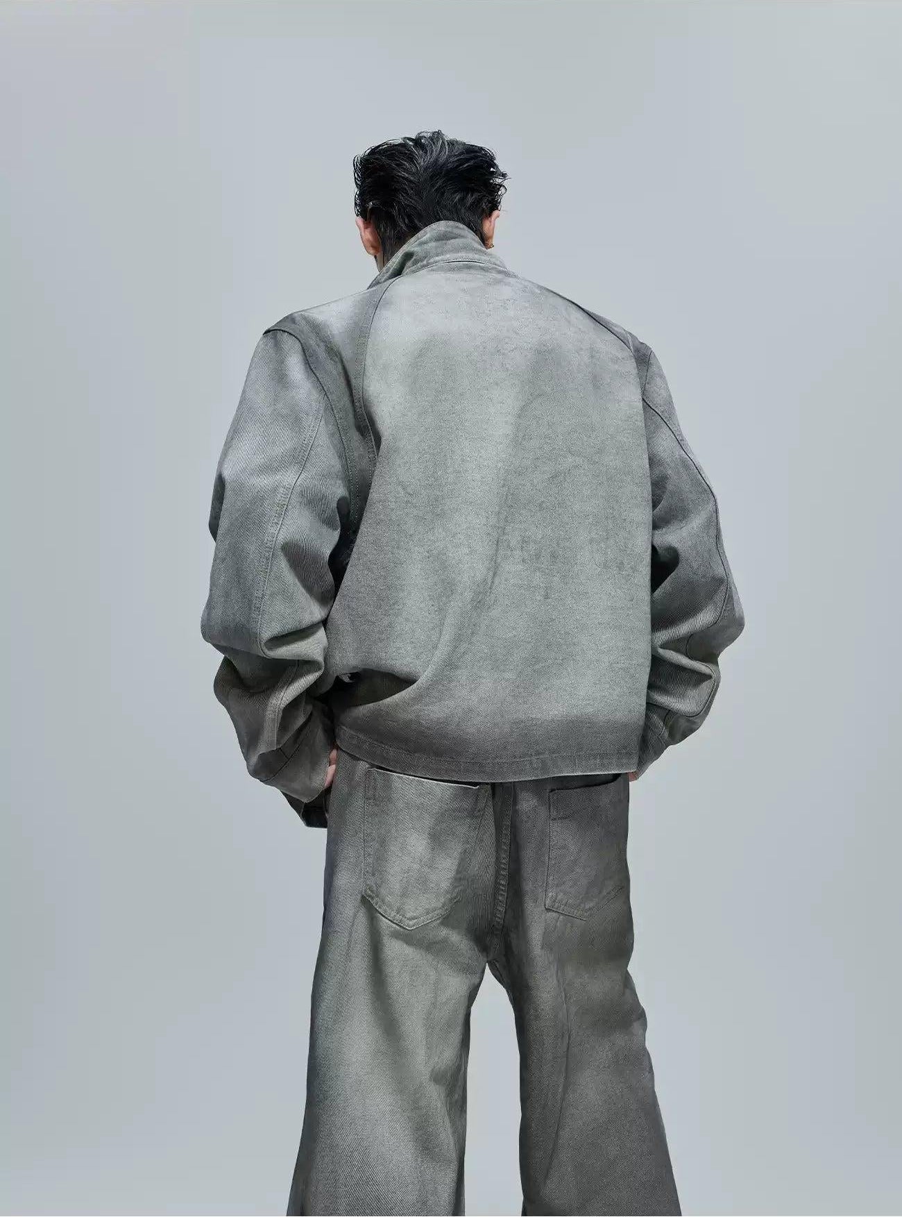 Multi-Zipped Contrast Faded Denim Jacket & Jeans Set