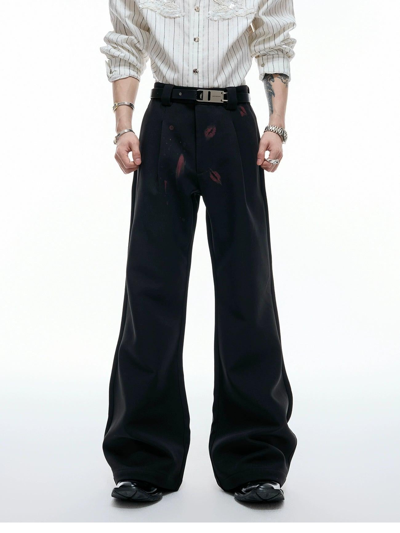 Pleated Lip Print Flared Trousers