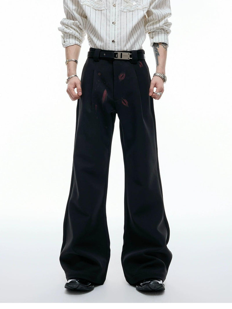 Pleated Lip Print Flared Trousers