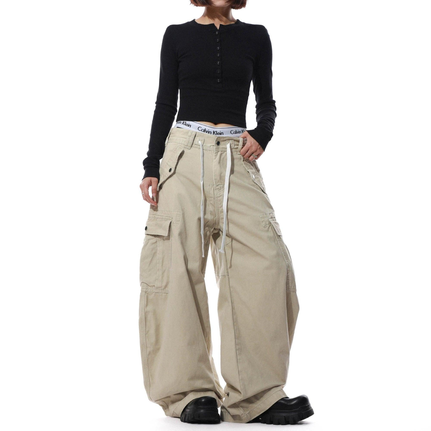 Structured Drawstring Wide Cargo Pants