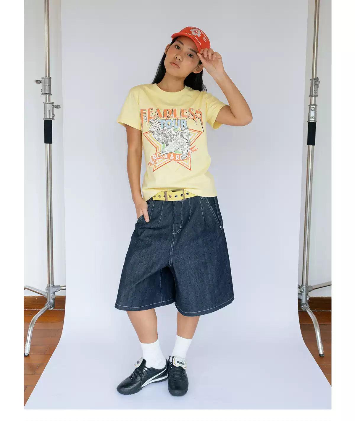 Extra Wide Pleated Denim Shorts