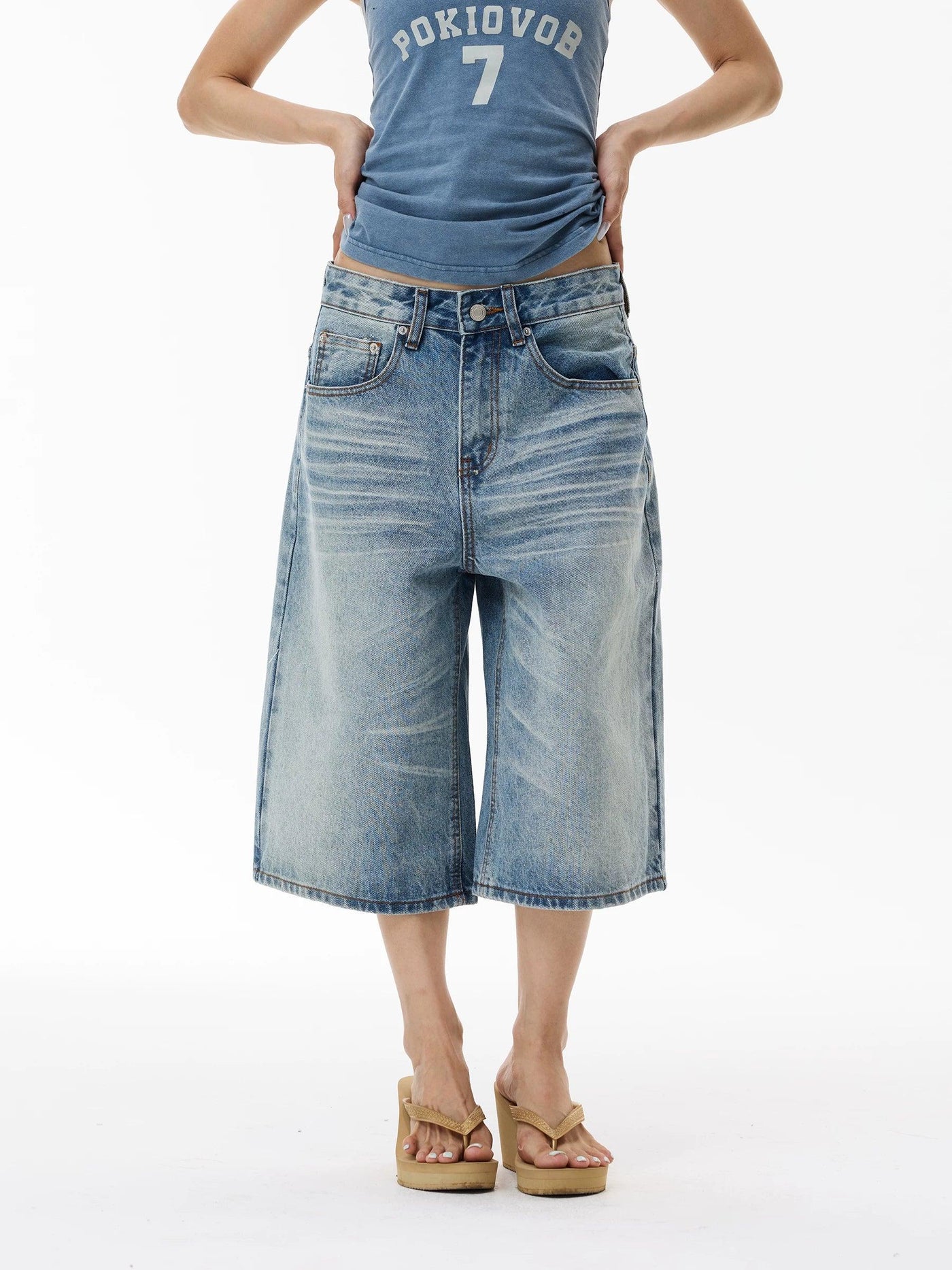 Washed Distressed Denim Shorts
